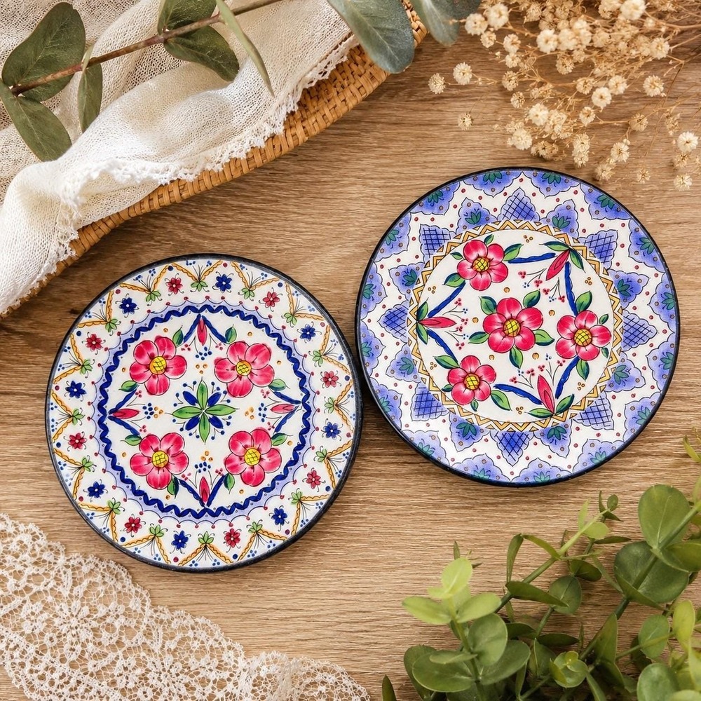 Vintage Ceraplat Spain Hand Painted Ceramic Trinket Dishes Set 2 Floral Catchall